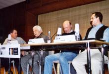 Mesa redonda en la ESMUC (Escola Superior de Música de Catalunya) con los compositores Xavi Capellas, Albert Guinovart y Elmer Bernstein (2002)